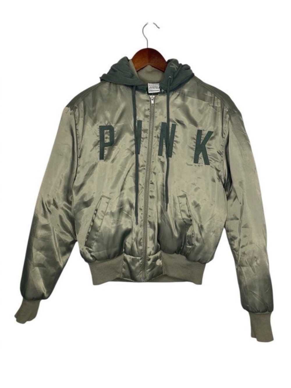 EUC PINK Victoria's Secret Olive Green Hooded Bomber Jacket